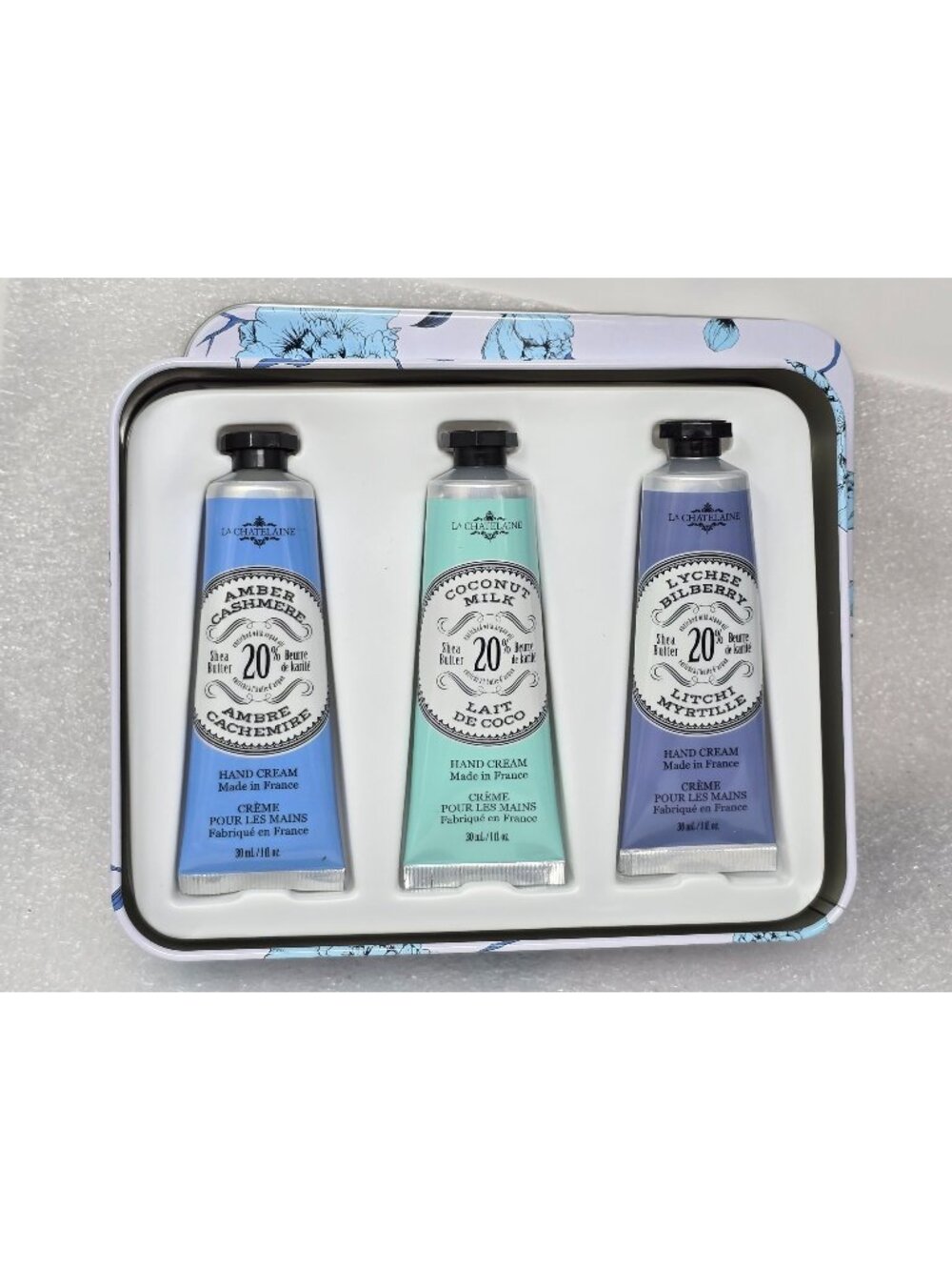 La Chatelaine Hand Cream Gift Set Tin 3x1 oz Amber Coconut Lychee Made in France